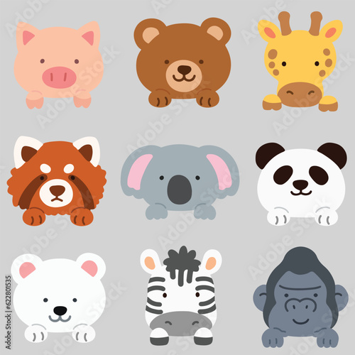 Fototapeta Naklejka Na Ścianę i Meble -  Set of flat colored cute and simple animal faces with front paws and hands / legs