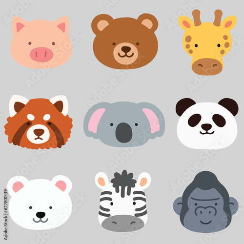 Set of flat colored cute and simple animal faces