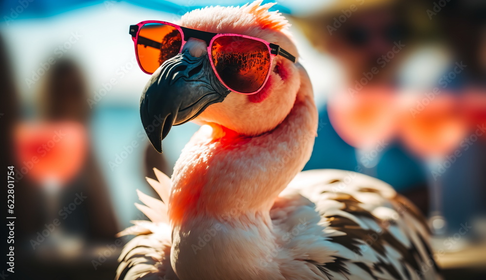 Conceptual bright flamingo in sunglasses is resting at a summer party with cocktails.Generative AI