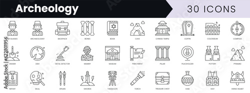 Set of outline archeology icons. Minimalist thin linear web icon set. vector illustration.