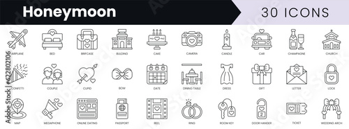 Set of outline honeymoon icons. Minimalist thin linear web icon set. vector illustration.