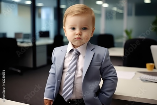 Serious business baby boss in the office looking at the camera