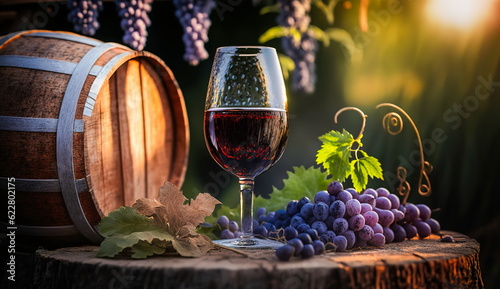 A glass of red wine stands on a wooden barrel against the backdrop of a winery in the evening sun, a bunch of grapes lies nearby.Generative AI