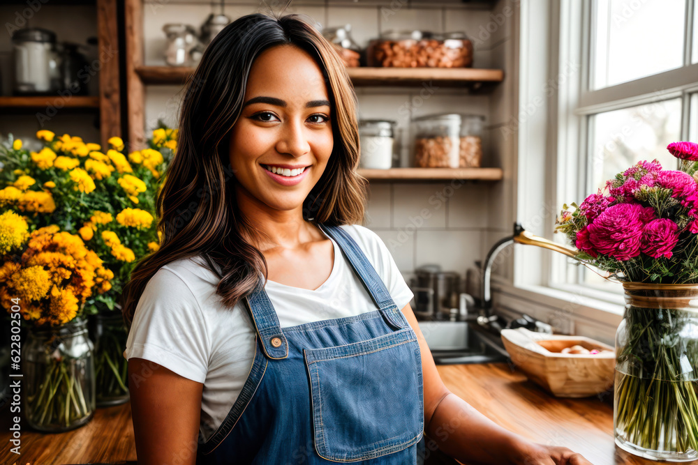 Portrait of smiling happy a dark-haired woman prepares bouquets of flowers in a small flower shop at early morning. Concept of biophilia lifestyle. Generative AI Portrait of smiling happy a dark-haired woman prepares bouquets of flowers in a small flower shop at early morning. Concept of biophilia lifestyle. Generative AI