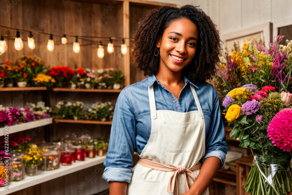 Portrait of smiling happy a dark-haired woman prepares bouquets of flowers in a small flower shop at early morning. Concept of biophilia lifestyle. Generative AI