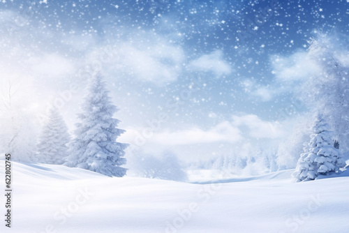 Winter scene with a snow-covered landscape. The sky is filled with snowflakes, creating a picturesque atmosphere. The snow is falling gently, covering the ground and trees.