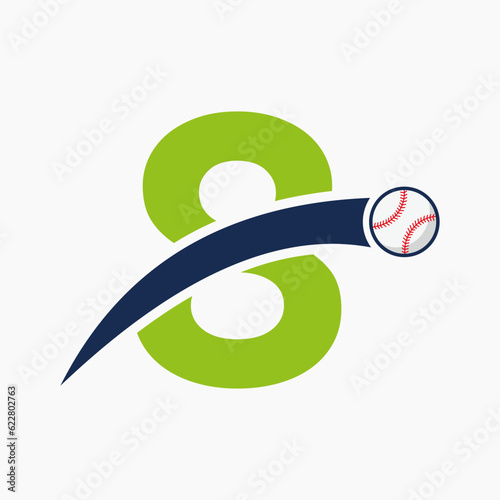 Baseball Logo On Letter 8 With Moving Baseball Icon. Baseball Logotype Template