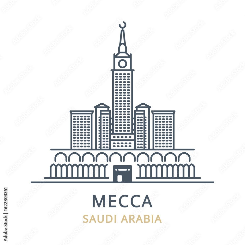 Vector icon of the city landmark of MECCA in the country of SAUDI ARABIA. Linear illustration of the famous landmark on a white background. Cityscape icons of the famous, modern city symbol. 