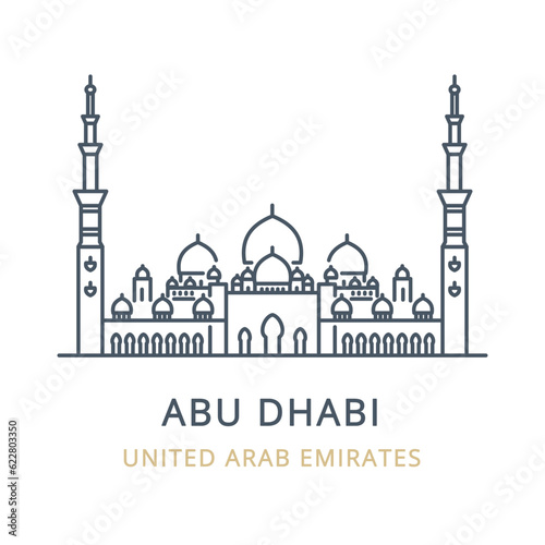 Vector icon of the city landmark of ABU DHABI in the country of UNITED ARAB EMIRATES. Linear illustration of the famous landmark on a white background. Cityscape icons of the famous, city symbol.