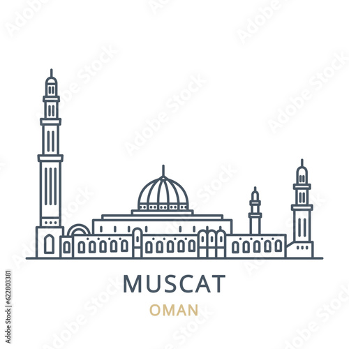 Vector icon of the city landmark of MUSCAT in the country of OMAN. Linear illustration of the famous landmark on a white background. Cityscape icons of the famous, modern city symbol. 