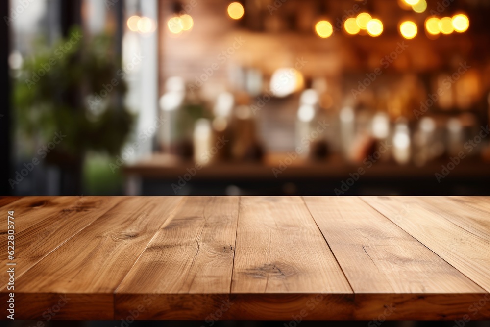 Empty wooden table top on blur kitchen background