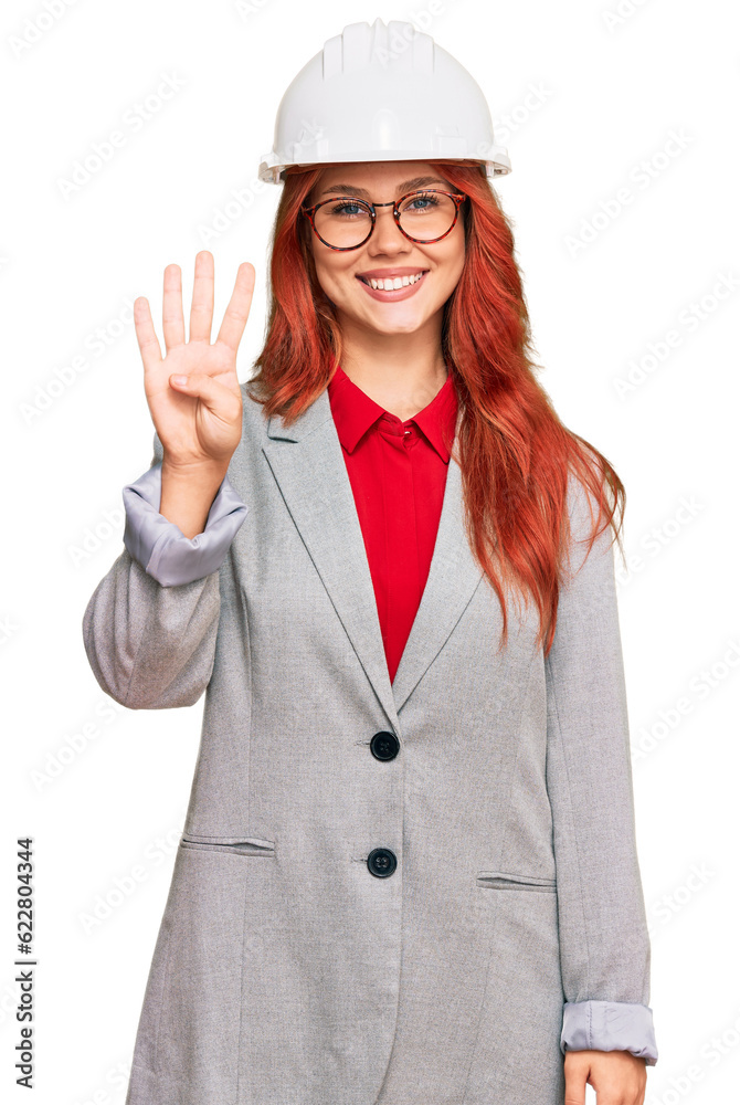 Young redhead woman wearing architect hardhat showing and pointing up with fingers number four while smiling confident and happy. Young redhead woman wearing architect hardhat showing and pointing up with fingers number four while smiling confident and happy.