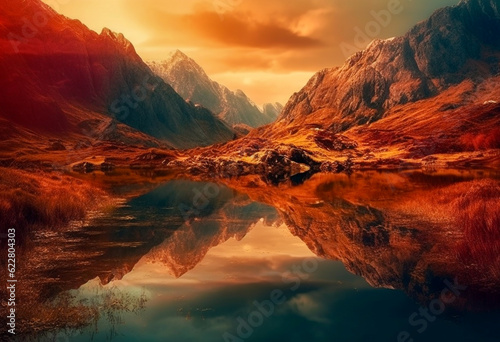 a mountains and the water reflect in the water, in the style of dark red and light orange, landscape photography, © Avalga