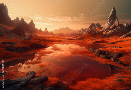 a mountains and the water reflect in the water, in the style of dark red and light orange, landscape photography, © Avalga