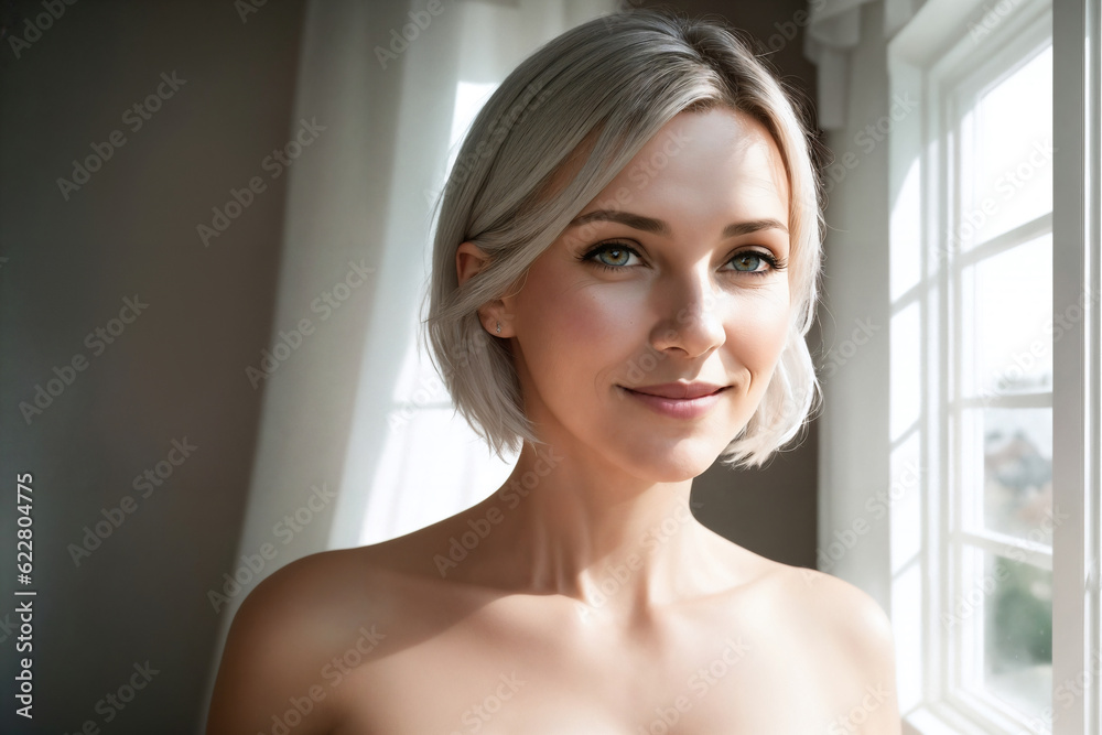 Portrait of a beautiful woman near window in a bedroom. Generative AI. Portrait of a beautiful woman near window in a bedroom. Generative AI.