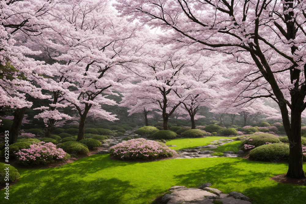 Sakura blossoms in japanese style ornamental garden, beautiful landscape. Generative AI. Sakura blossoms in japanese style ornamental garden, beautiful landscape. Generative AI.