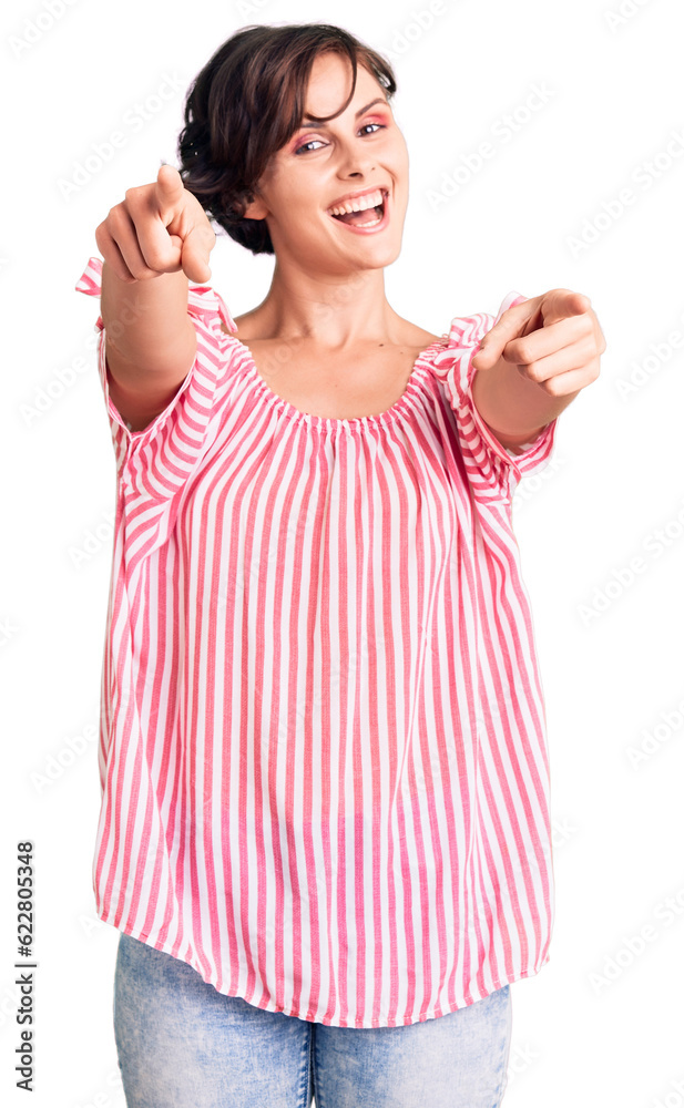 Beautiful young woman with short hair wearing casual summer clothes pointing to you and the camera with fingers, smiling positive and cheerful Beautiful young woman with short hair wearing casual summer clothes pointing to you and the camera with fingers, smiling positive and cheerful