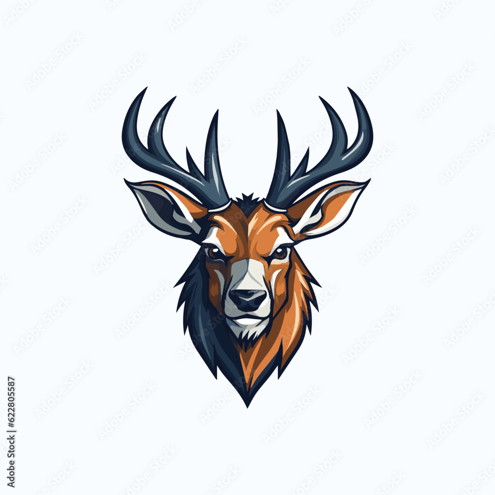 Naklejka premium Modern Deer Logo design Concept, Deer Mascot Vector Illustration isolated on background, Sports Team Logo design Template, Deer Emblem design Vector, Brown Deer with long antlers