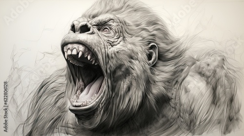 The gorilla's mouth wide open. (Illustration, Generative AI)