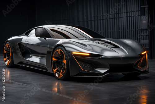 Futuristic concept car in garage on dark background  expensive exclusive sports auto  AI Generated
