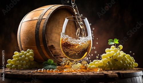 A glass of white wine with splashes and a bunch of white grapes on the background of a barrel.Generative AI