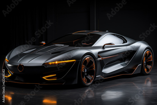 Futuristic concept car in garage on dark background, expensive exclusive sports auto, AI Generated © staras