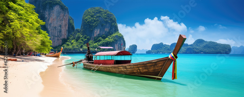 Traditional wooden longtail boat and Thailand. Beach and sand in Krabi province.