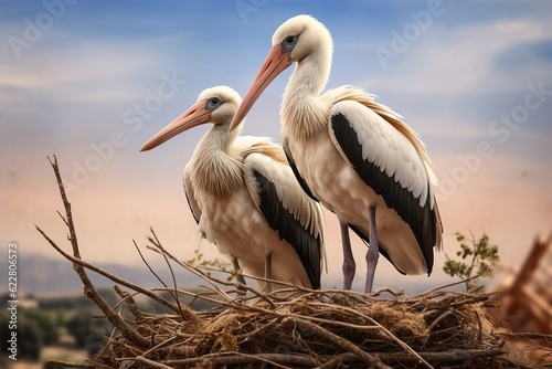 A beautiful scene with storks in a nest. Created with Generative Ai technology.