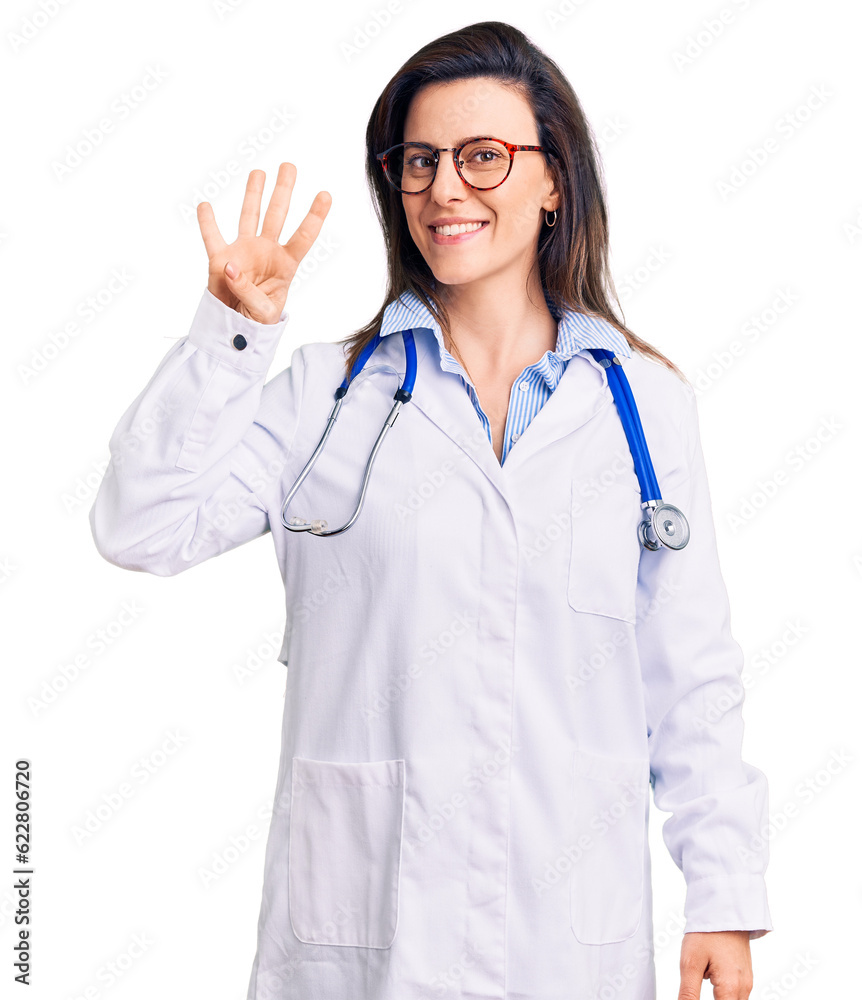 Young beautiful woman wearing doctor stethoscope and glasses showing and pointing up with fingers number four while smiling confident and happy. Young beautiful woman wearing doctor stethoscope and glasses showing and pointing up with fingers number four while smiling confident and happy.