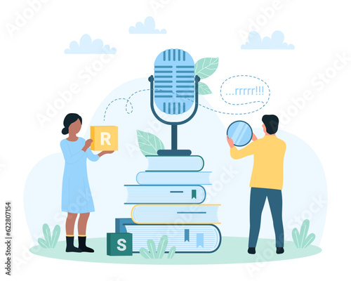 Speech therapy for voice pathology vector illustration. Cartoon tiny people training pronunciation with mirror and microphone, woman pathologist teaching man patient to practice speaking sounds