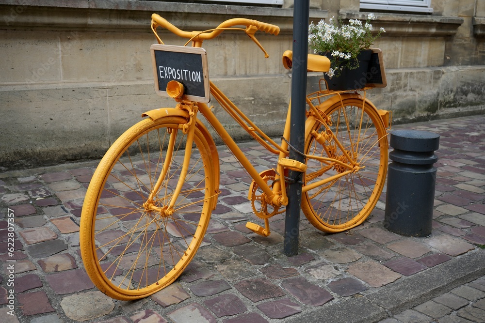 Painted Yellow Bicycle with a plant on the saddle on a cobbled pavement. Painted Yellow Bicycle with a plant on the saddle on a cobbled pavement.