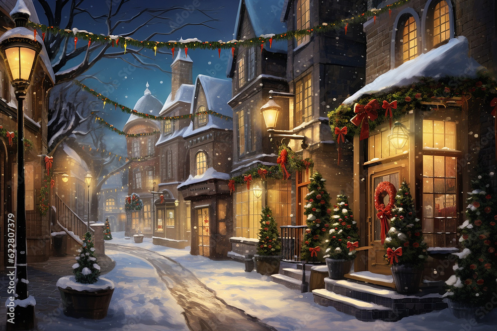 Fototapeta premium Street decorated for Christmas in a small European town. AI Gemerated image.