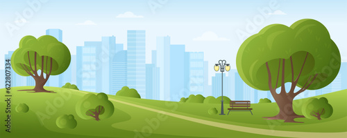 Fotografia Cartoon downtown landscape panorama with wooden bench on public alley and street lamp, pond and green trees on lawn, blue sky and skyscrapers on horizon