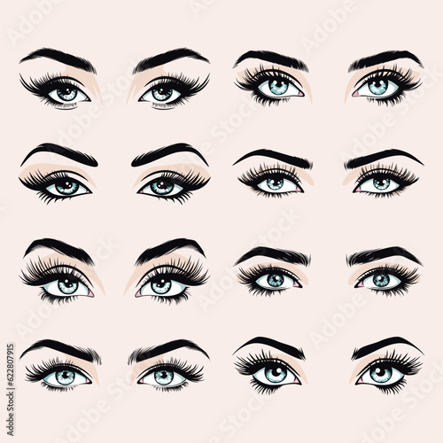 Vector Hand Drawn Woman s, Female Sexy Eyes, Perfectly Shaped Eyelashes, Eyebrows. Design Template for Business Visit Card, Logo, Advertising Mascara, Makeup, Cosmetics, Beauty Services, Salon