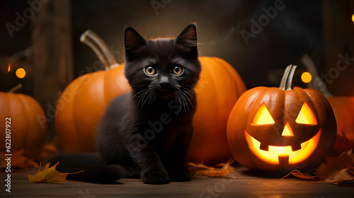 Halloween cute black cat and pumpkin lanterns. AI generated image © yekaterinalim