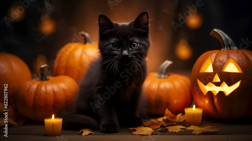 Halloween cute black cat and pumpkin lanterns. AI generated image