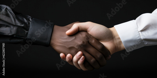 a close up of Black and White people shaking hands. International Day for Tolerance concept banner