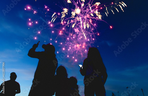 Family Taking Photos of Fireworks