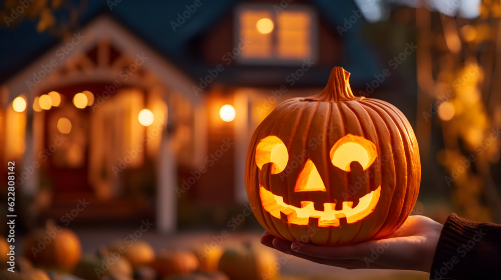 Fototapeta premium Halloween pumpkin lantern in womans hand. AI generated image