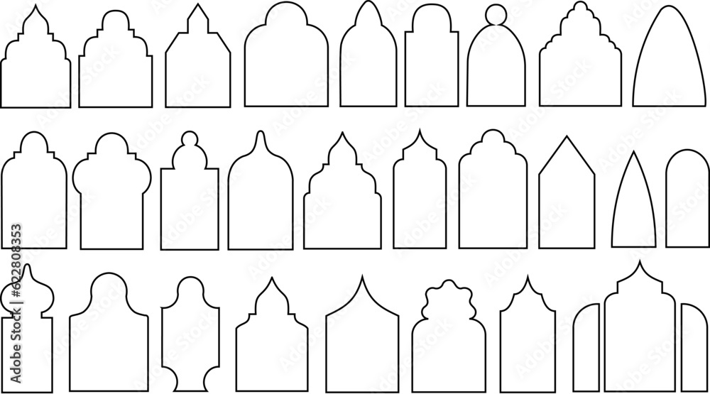 Arab turkish window, stroke, outline frame set