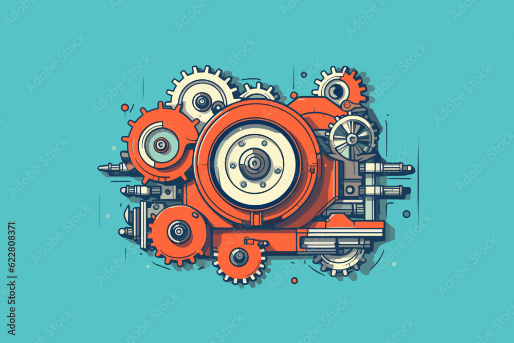 Doodle inspired Gearbox, cartoon sticker, sketch, vector, Illustration