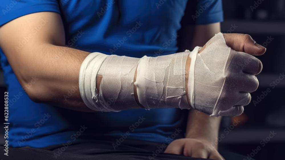 close up man has broken arm, wear splint, with limbo background