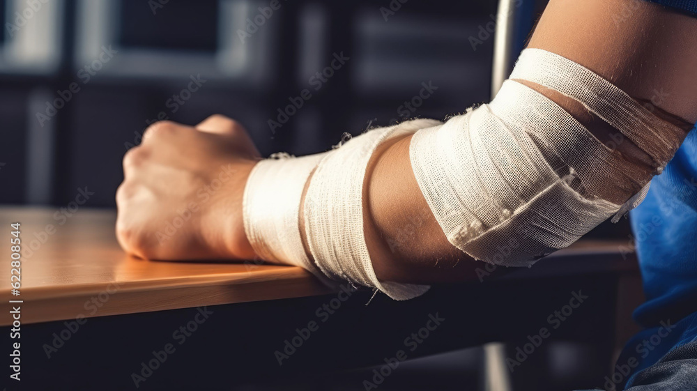 close up man has broken arm, wear splint, with limbo background