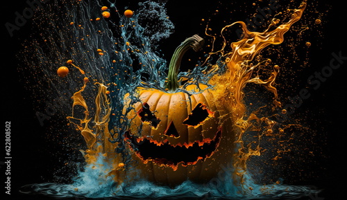 Conceptual Halloween wallpaper with a pumpkin with a glowing face with an ominous looking splash and swirl of water.Generative AI