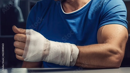 close up man has broken arm, wear splint, with limbo background