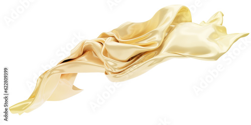 An animated golden silk fabric design, depicted in 3D, simulating its flight through the wind. Waving satin cloth isolated on transparent PNG background