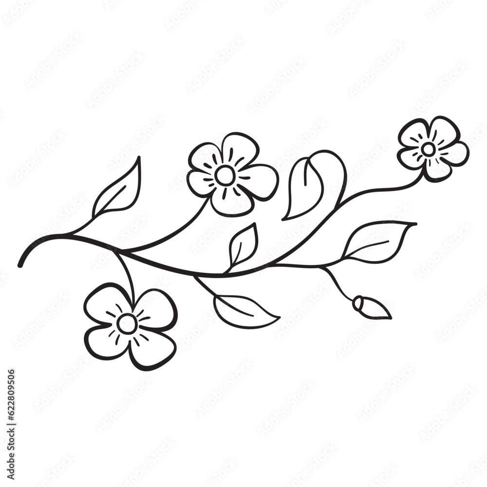 Fowers  line drawing.Sketch floral botany.Apple tree branch.Floral line art.Sakura fower outline.Hand drawn cherry blossom.Isolated on white background.Vector illustration.