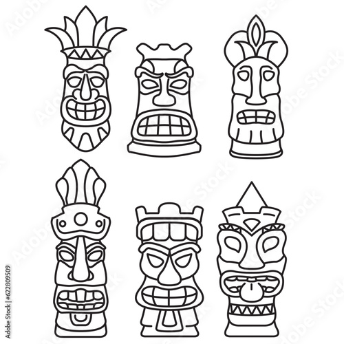 Set hawaiian tiki god masks.Hand drawn tiki outline.Thin line art polynesian symbol.Tribal mask icons.Ethnic masks. Scary ritual mask.Isolated on white background.Outline vector illustration.
