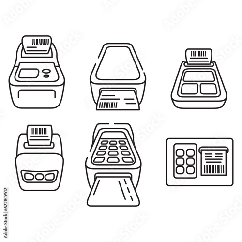 Set adhesive mailing label printer icon .Thermal printer bar code scanner.Label printer with boxes. Isolated on white background.Outline vector illustration.