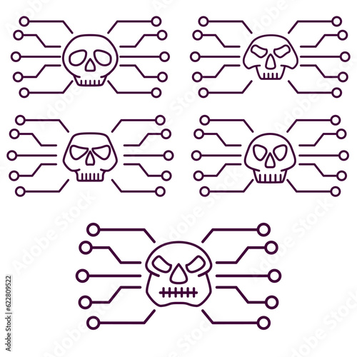 Human skull in digital.Concept of network security Computer virus attack icon.Cyber attack alert Icon.Hacker skull.Malware outline vector illustration.Isolated on white background.